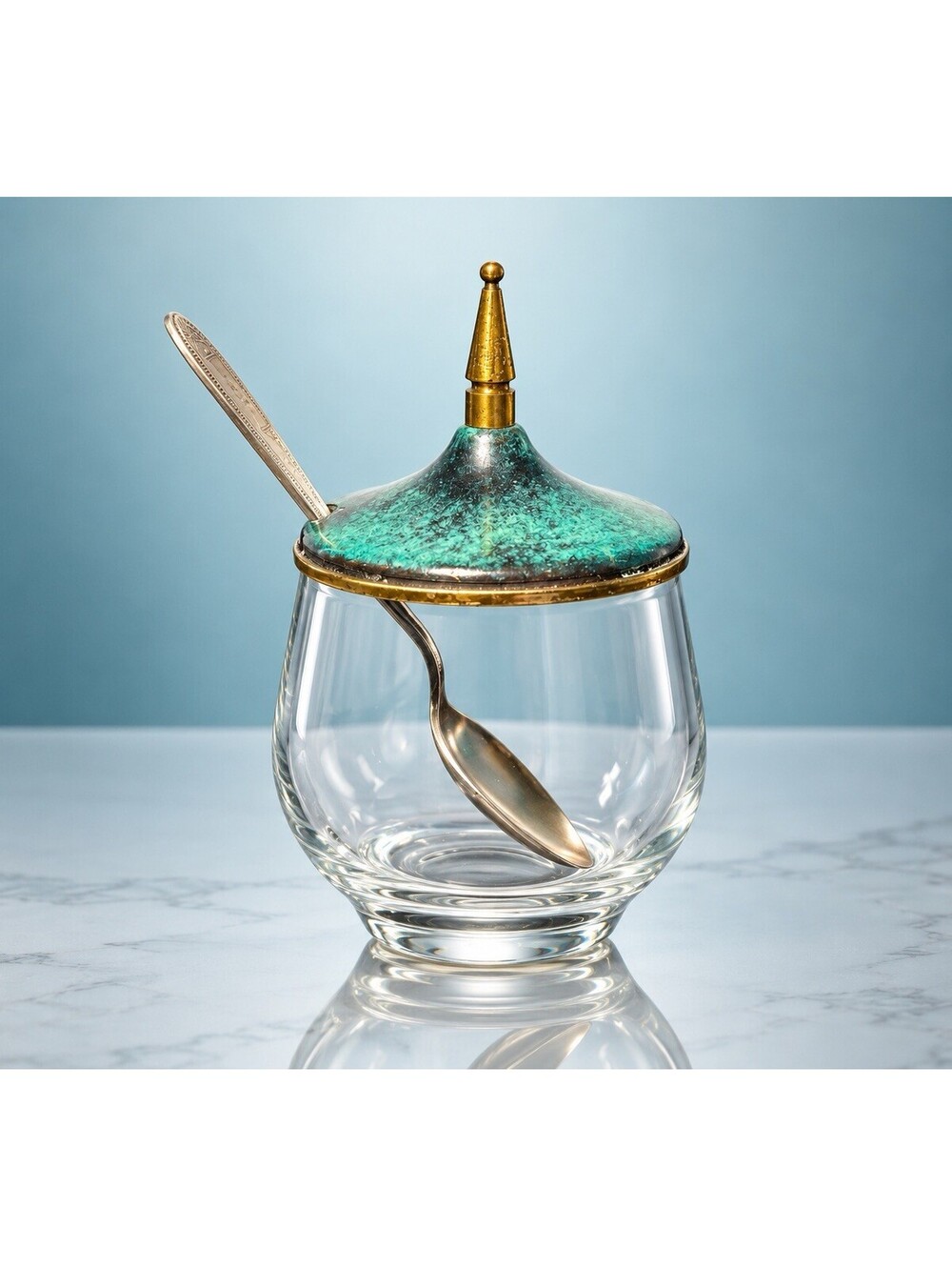 Israeli Vintage 1960s Condiment Jar w/ Spoon Brass Verdigris Enamel Glass